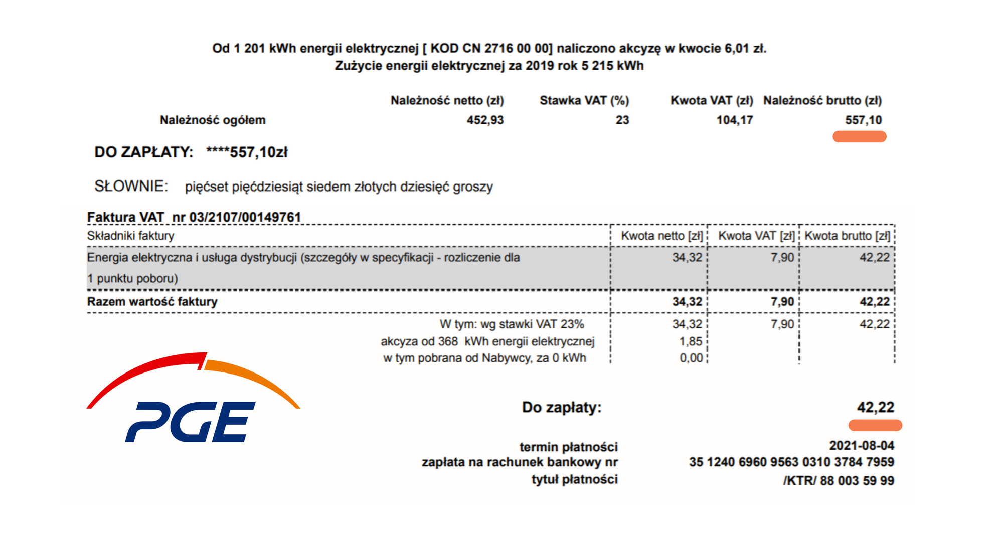 Rachunek za prąd przed i po montażu instalacji fotowoltaicznej od dostawcy energii PGE